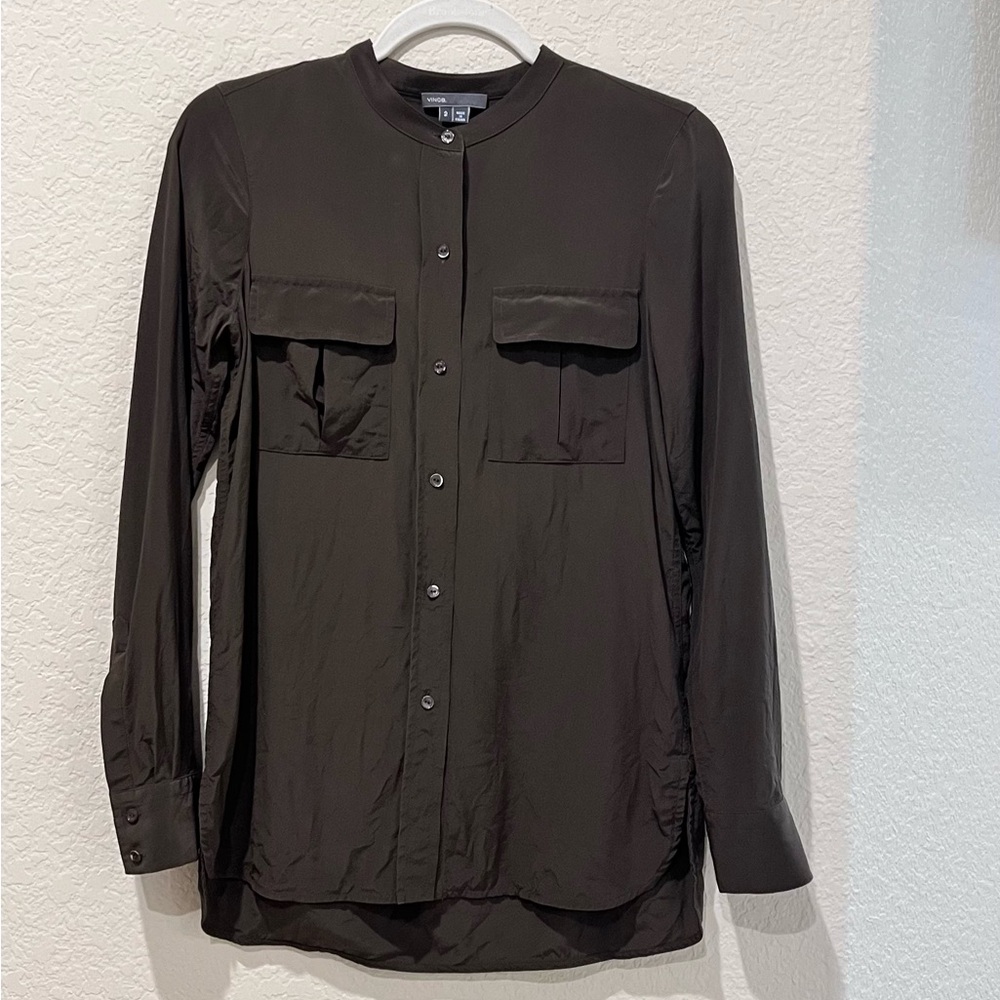 VINCE. 100% Silk Blouse | Military Style | Olive Green | Size 2